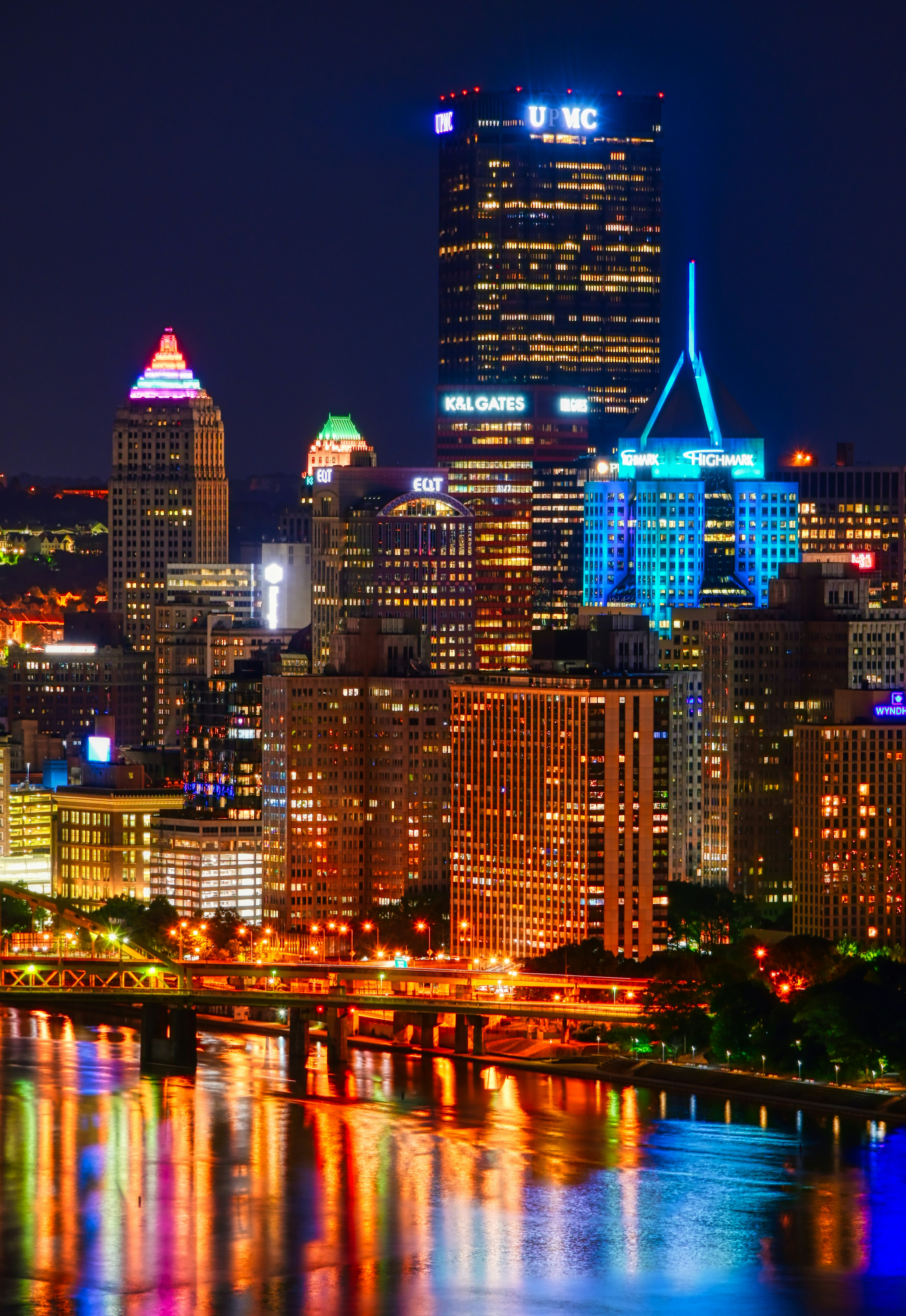 city skyline during night time